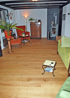 Im Bild ist ein Wohnzimmer mit einer Landausdiele in Eiche zu sehen. Im Hintergrund ist ein Kamin. Linkd und rechts diverse Möbel und ein Sofa.